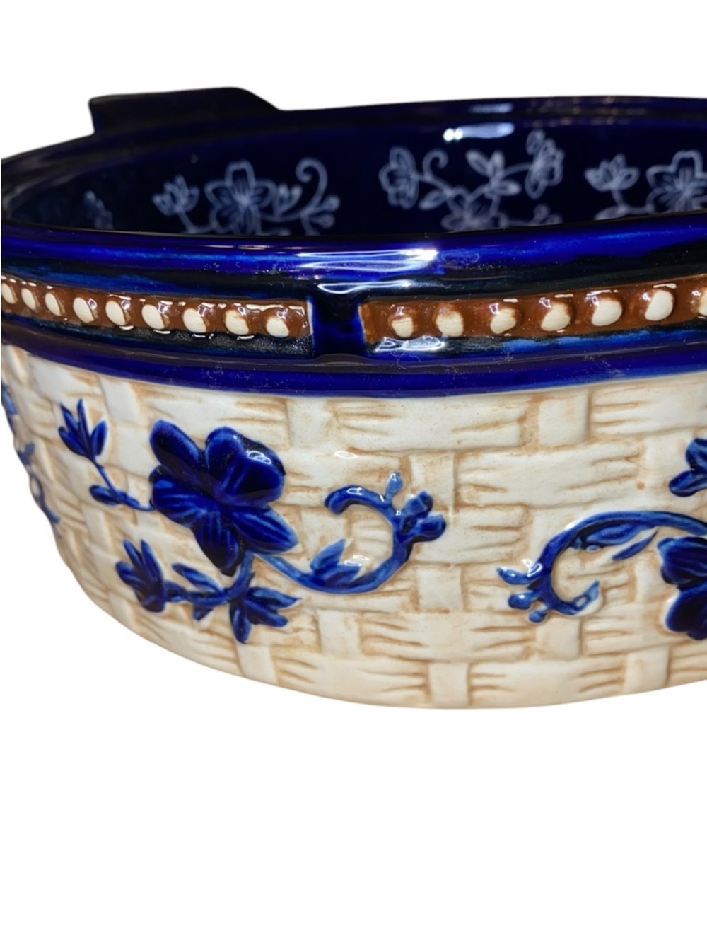 TEMP-TATIONS 2 QT CASSEROLE DISH Floral Lace Basketweave Design Blue Tan White - Picture 6 of 9